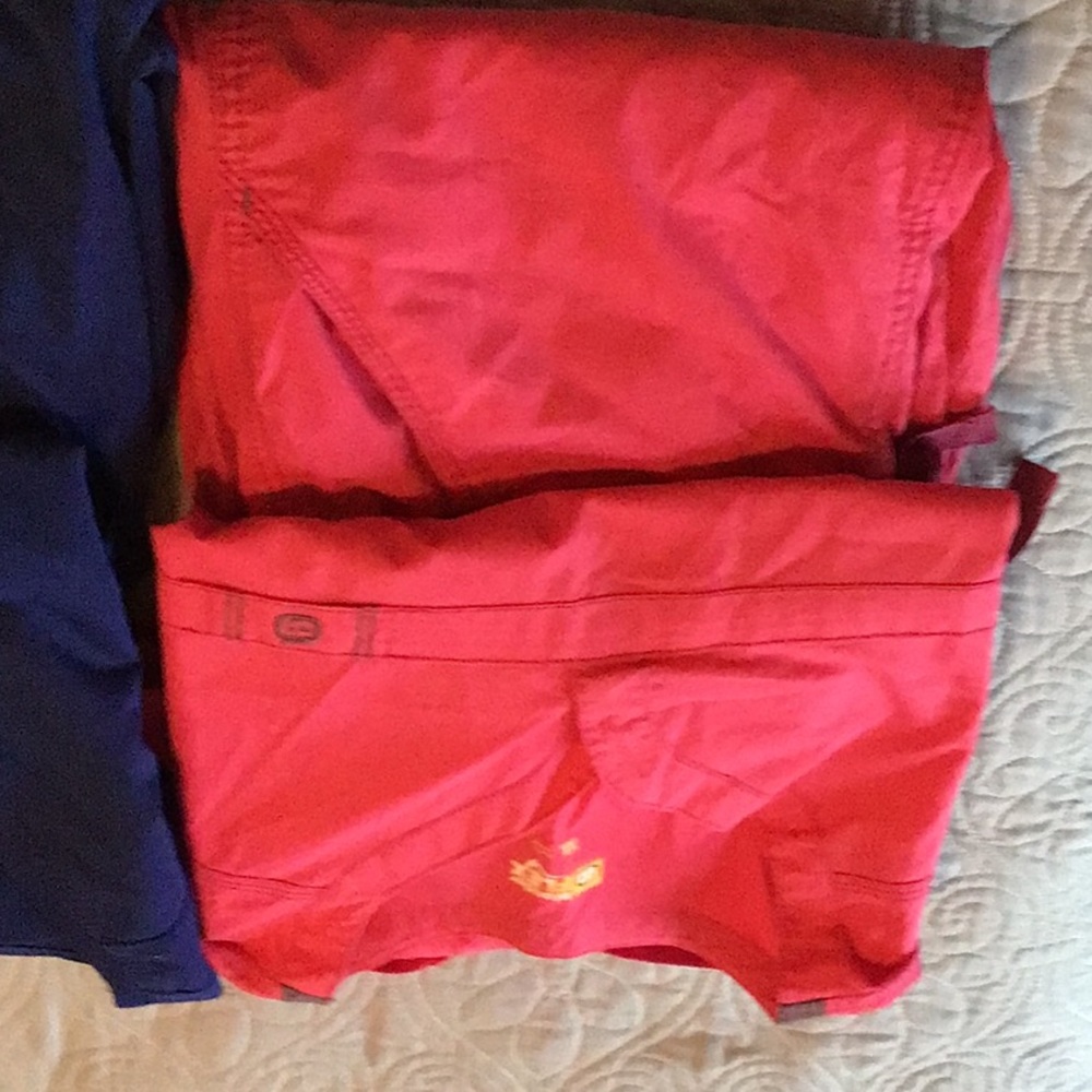 2 sets women scrubs, XL tops, L pants, worn, good shape. 2 tops, 3 pants.